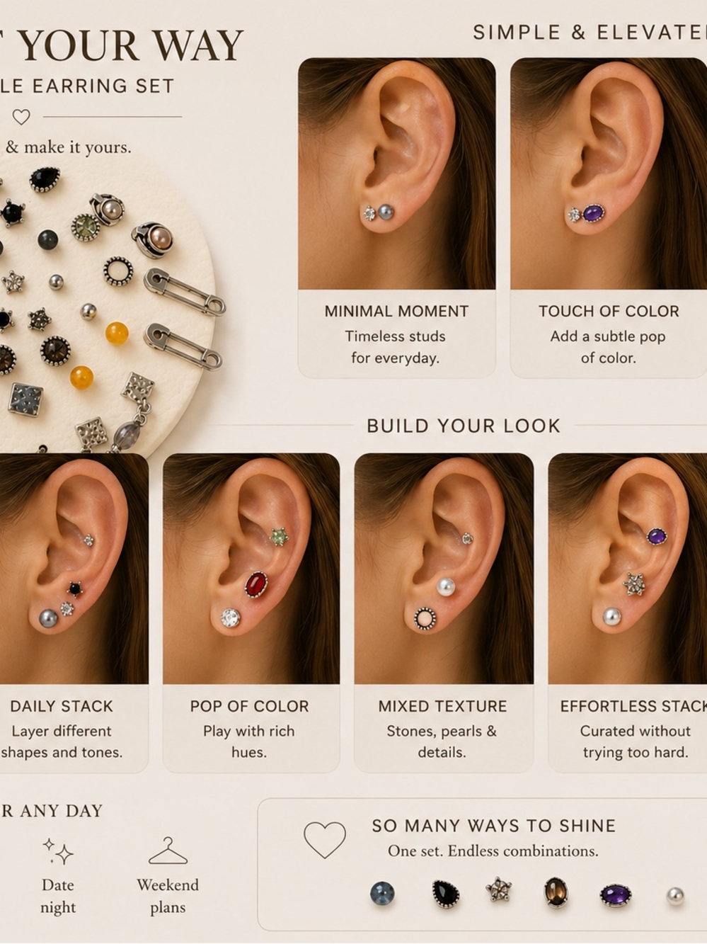 Free People mix, stud earring, silver toned, multi pack earrings